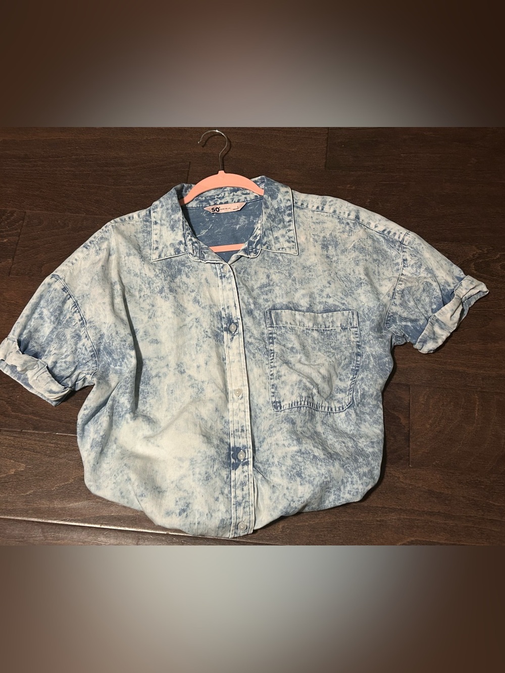 SO Faded Blue Acid-Wash Short Sleeve Button-Down Shirt